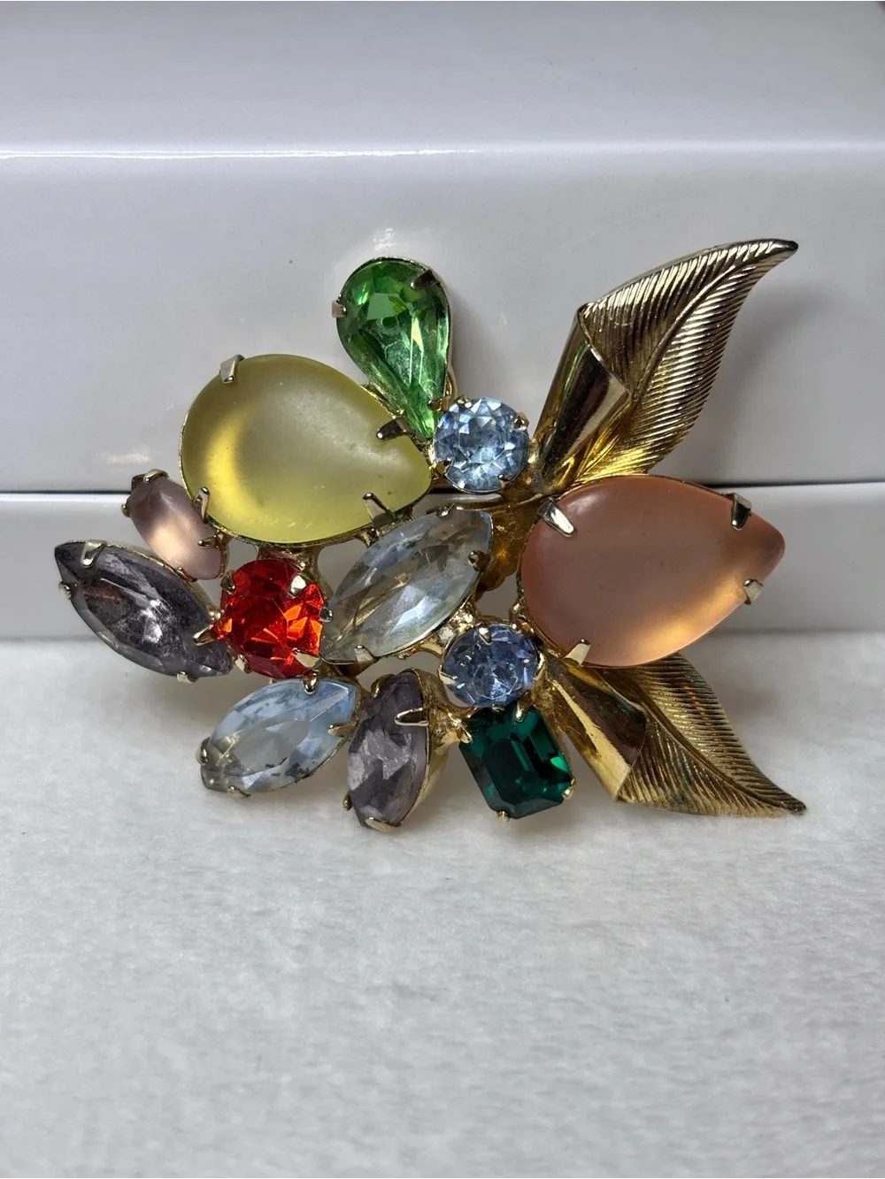 Vintage Uranium Glass Fruit Salad Brooch Pin Gold Tone UV Glow Rhinestone